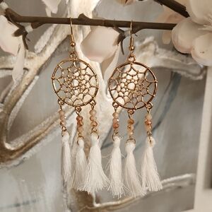 NWT Earrings - Gold and White Dreamcatcher with Beading